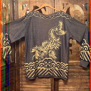 EUC Chelsea Large Navy & Gold Japanese Koi fish design sweater.